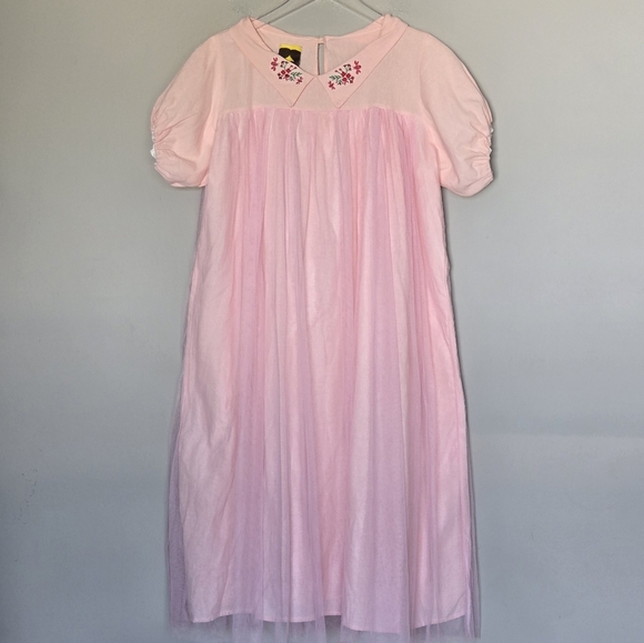 Shabby Chic Babydoll Cottagecore Fairycore Tulle Overlay Midi Dress Embroidery - Picture 10 of 10